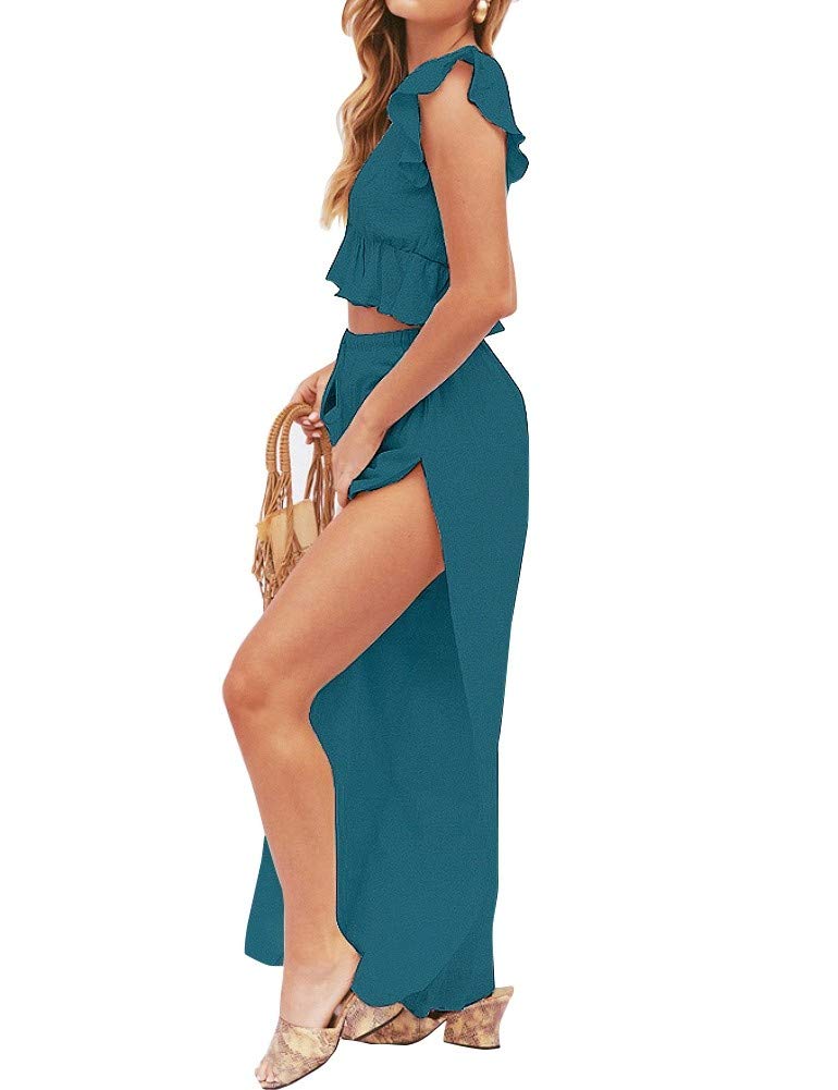 FANCYINN Womens Teal Bule Two Pieces Outfits Deep V Neck Crop Top Side Slit Drawstring Wide Leg Pants Set Jumpsuits XL - Image 3
